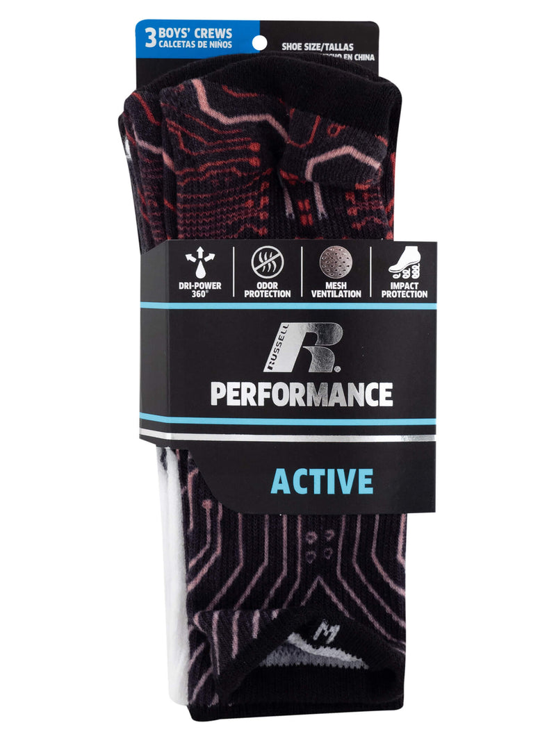 Russell Red Assorted 1 Boys' M-L 360 Crew Socks, 3 Pack
