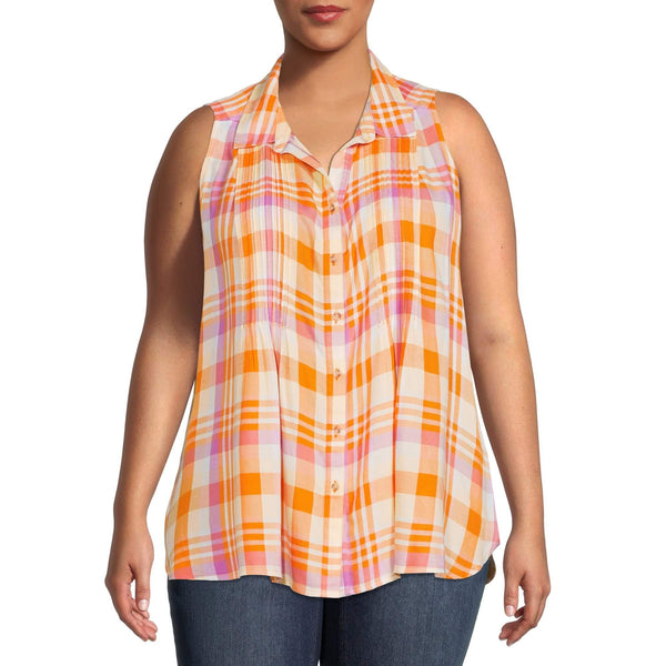 Terra & Sky Women's Plus Size Orange Spirit Sleeveless Pintuck Shirt