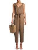 Time and Tru Toasted Brown Women's Sleeveless Linen Jumpsuit with Tie Belt