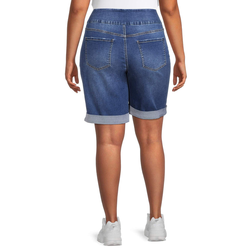 Terra & Sky Women’s Plus Size Dark Medium Wash Pull On Bermuda Shorts