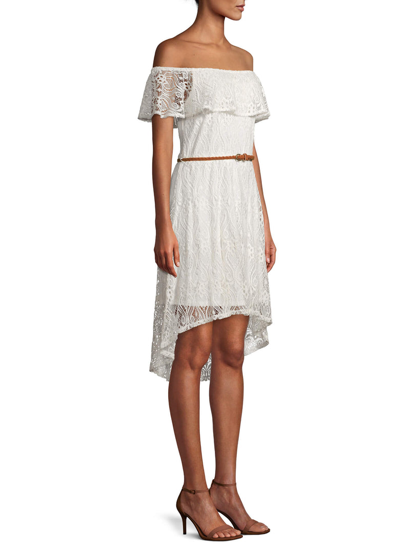 No Boundaries Juniors' Off the Shoulder Lace Dress, Women's, Size: XS, White No Boundaries Juniors' Off the Shoulder Lace Dress, Women's, Size: XS, White