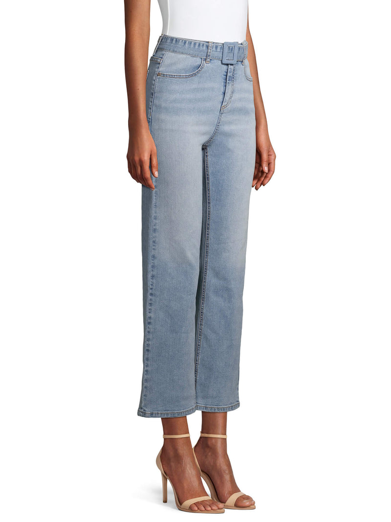 Time and Tru Light Enzyme Women's High Rise Wide Leg Self Belt Jeans