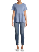 Time and Tru Women's Blue Oxford Sandwash Peplum T-Shirt with Short Sleeves