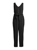 Time and Tru Black Stripe Women's Sleeveless Linen Jumpsuit with Tie Belt