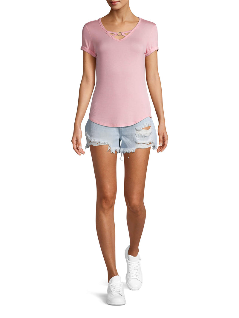 No Boundaries Light Pink Juniors' Criss Cross V-Neck Short Sleeve T-Shirt