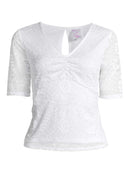 No Boundaries Arctic White Juniors' Cinched V-Neck Quarter Sleeve Lace Top