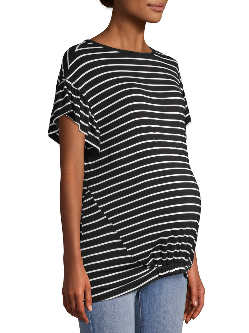 Time and Tru Black/White stripe Maternity Short Sleeve Ruffle Stripe Top with Elastic Band