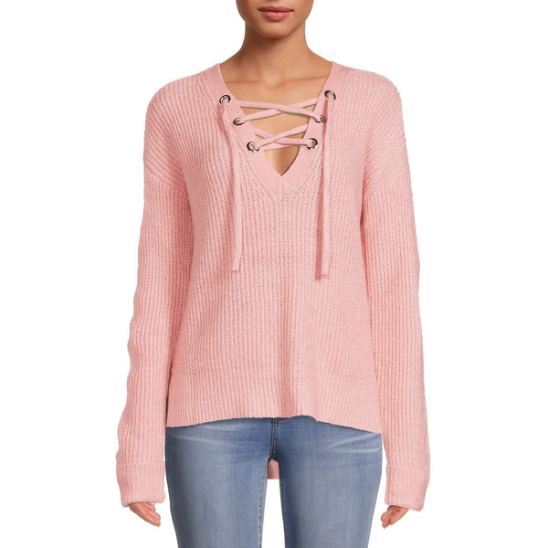 No Boundaries Juniors’ Dusty Rose Lace Up Sweater