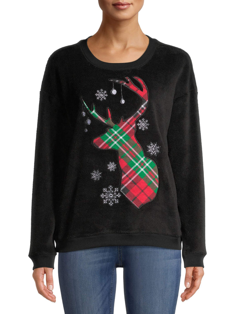 Holiday Time Women's Jet Black Christmas Plush Crewneck Sweatshirt