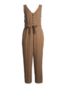 Time and Tru Toasted Brown Women's Sleeveless Linen Jumpsuit with Tie Belt