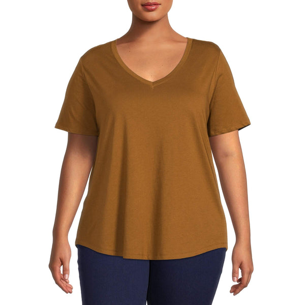 Terra & Sky Women's Plus Size Coffee Cake V-Neck T-Shirt with Short Sleeves