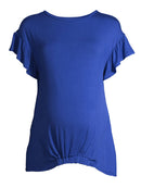 Time and Tru Blue Maternity Short Sleeve Ruffle Solid Top with Elastic Band
