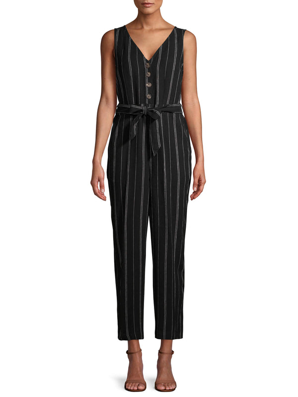 Time and Tru Black Stripe Women's Sleeveless Linen Jumpsuit with Tie Belt