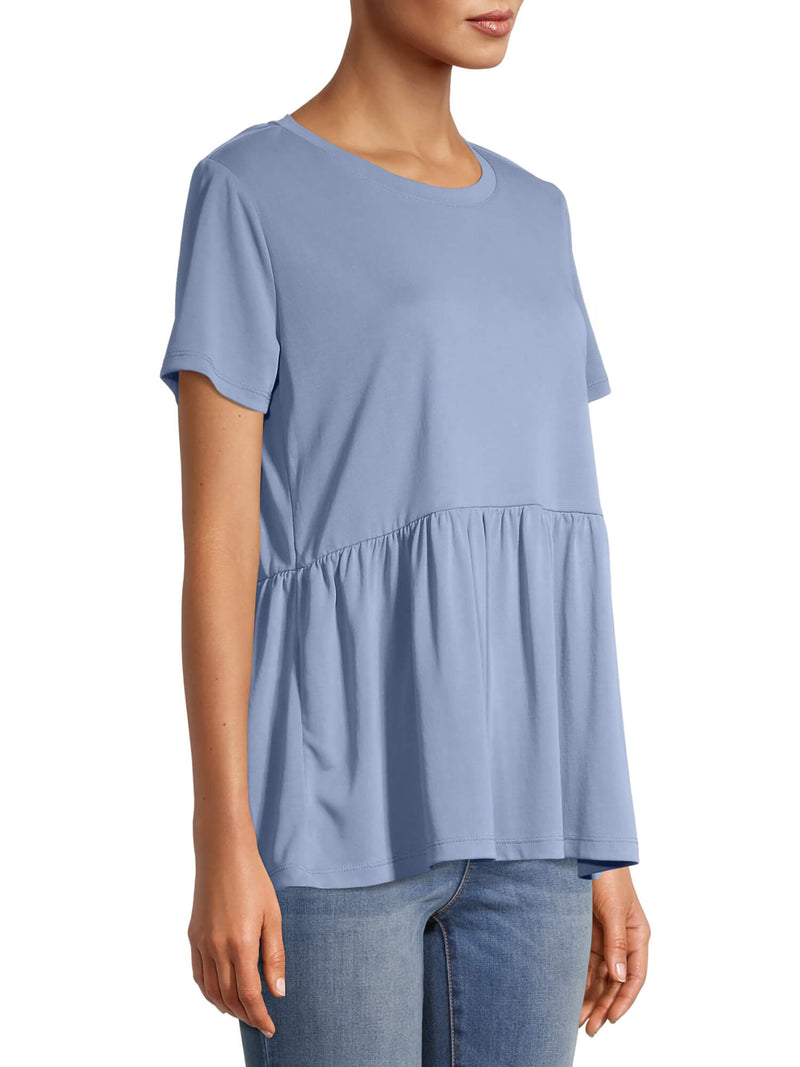 Time and Tru Women's Blue Oxford Sandwash Peplum T-Shirt with Short Sleeves