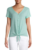 No Boundaries  Mist Mint Juniors' Tie Front Waffle Top