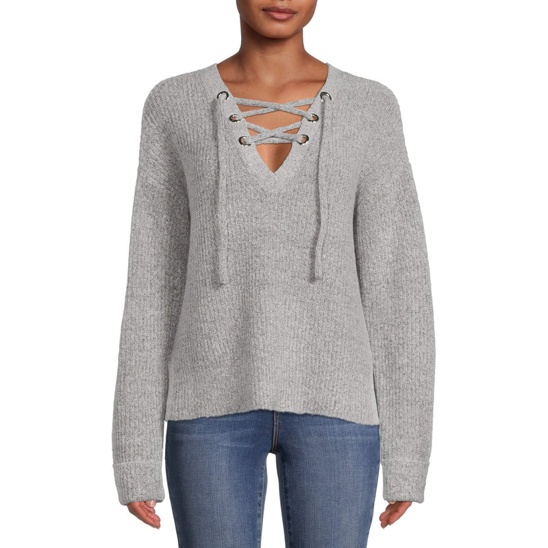 No Boundaries Juniors’ Light Grey heather Lace Up Sweater