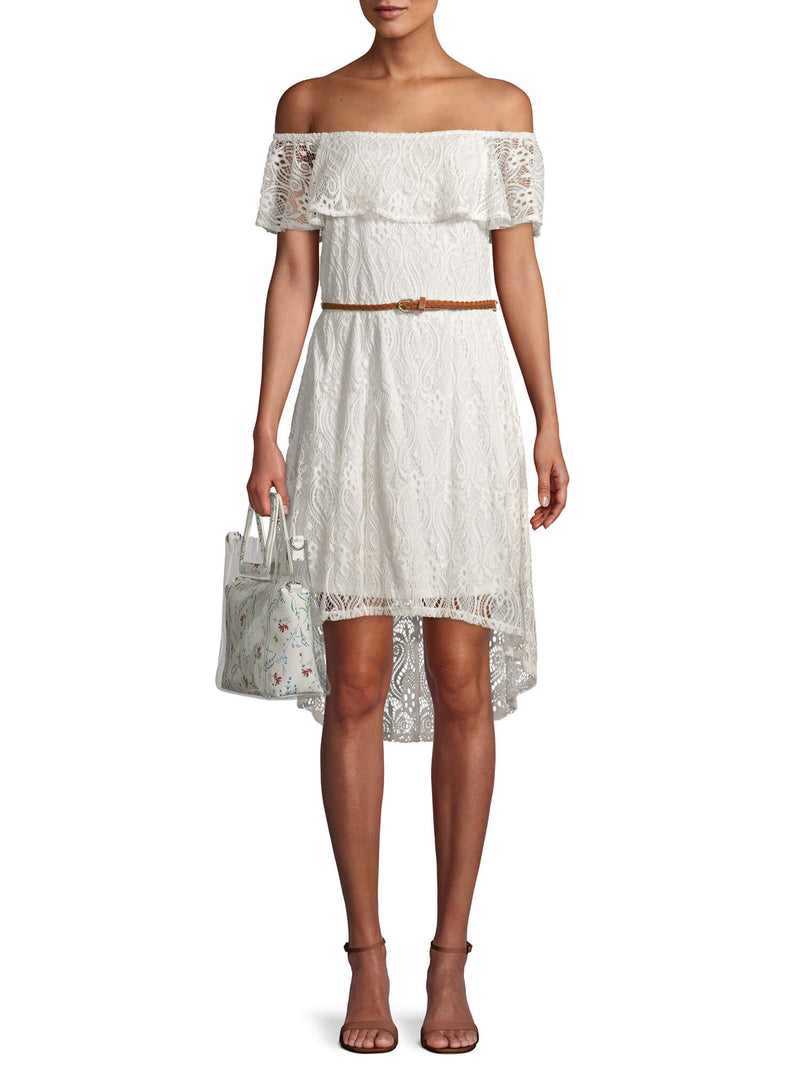 No Boundaries Juniors' Off the Shoulder Lace Dress, Women's, Size: XS, White No Boundaries Juniors' Off the Shoulder Lace Dress, Women's, Size: XS, White