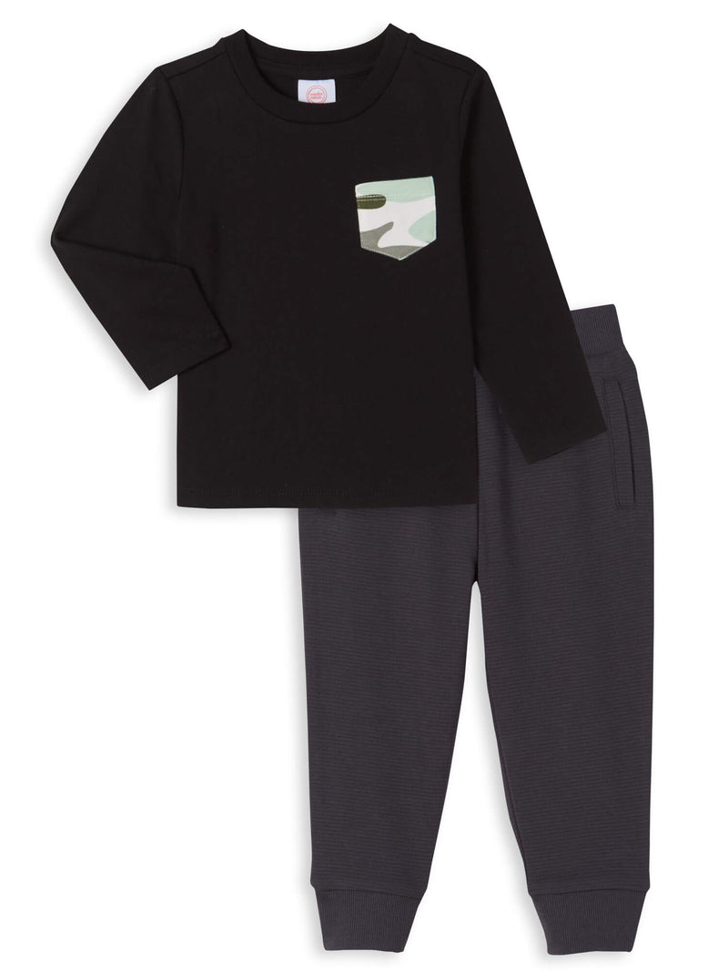 Wonder Nation Toddler Boy Black Long-Sleeve Pocket T-Shirt & Ottoman Jogger Pants Set, 2-Piece