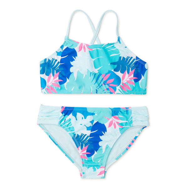 Wonder Nation Girls Mystical Aqua Palm Printed Bikini Swimsuit with UPF 50+