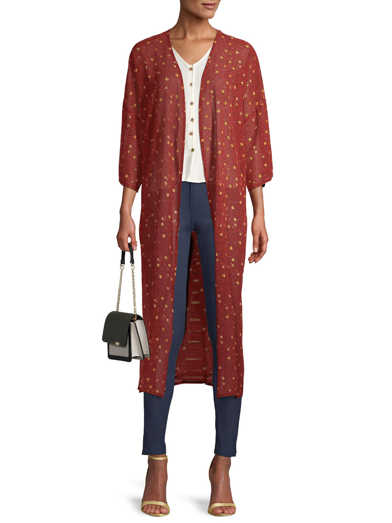 Time and Tru Rust Floral Long Kimono