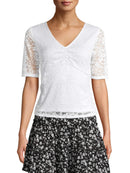 No Boundaries Arctic White Juniors' Cinched V-Neck Quarter Sleeve Lace Top