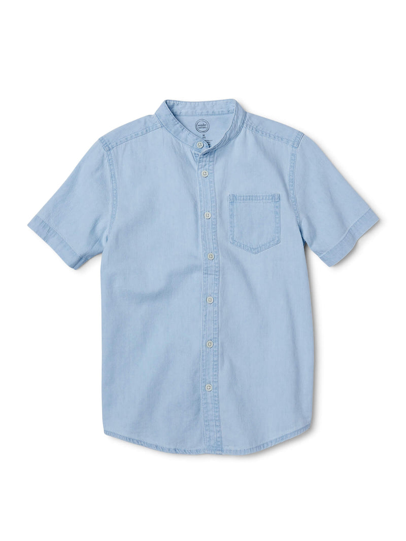 Wonder Nation Wash Denim Boys Mandarin Collar Button Down Shirt