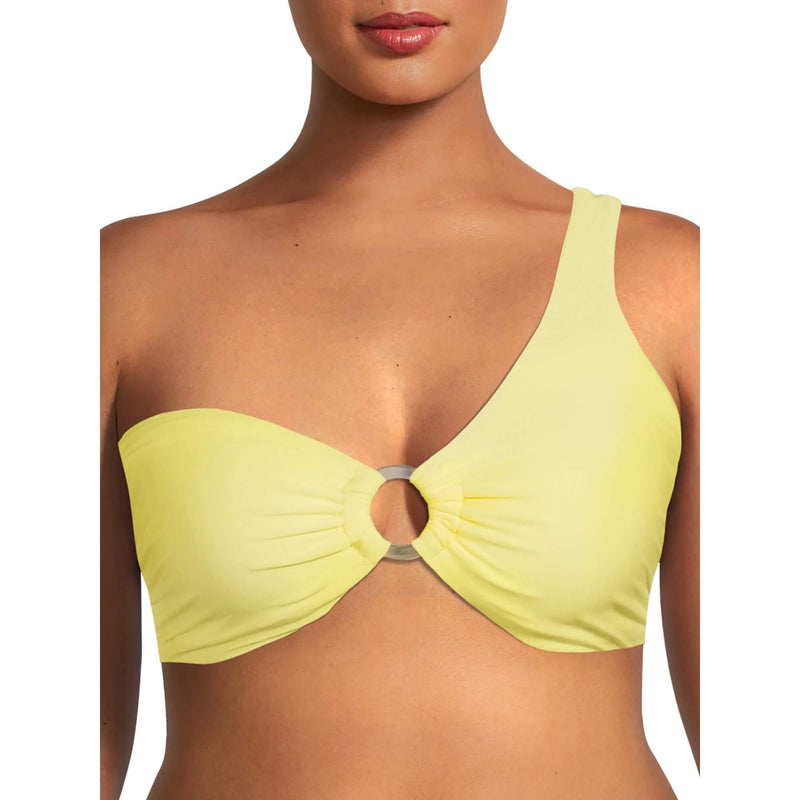 No Boundaries Women's Plus Size Lemonade Asymmetrical Bandeau Swim Top with Center Front Ring
