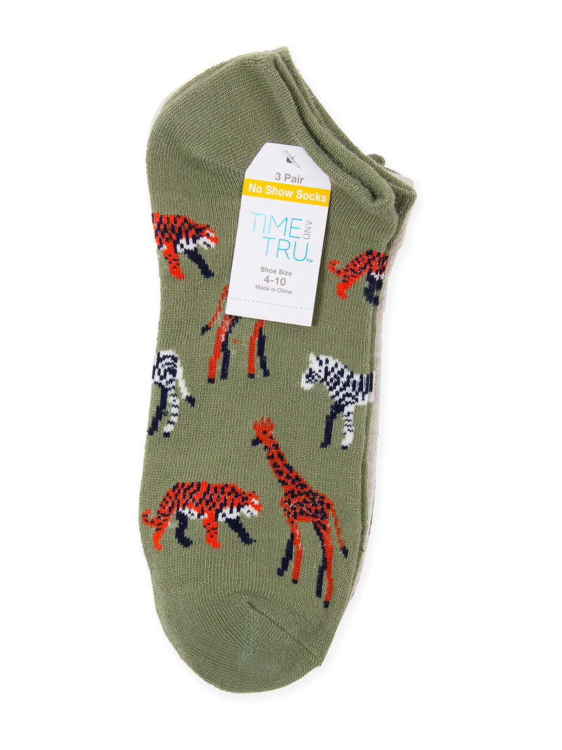 Time and Tru Women's Animals No Show Socks, 3 Pack, Size 4-10