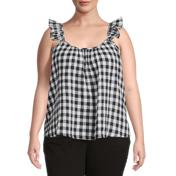 Terra & Sky Women's Plus Size Black Soot Gingham Ruffle Strap Tank Top