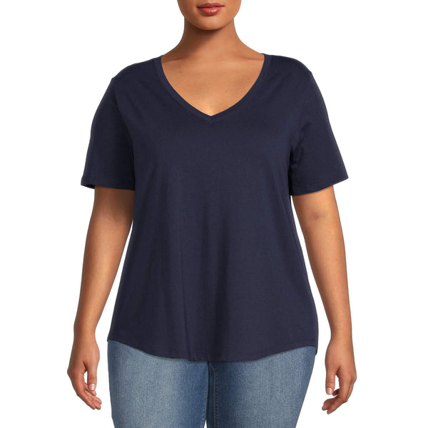 Terra & Sky Women's Plus Size Dark Navy V-Neck T-Shirt with Short Sleeves