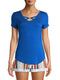 No Boundaries Royal Blue Juniors' Criss Cross V-Neck Short Sleeve T-Shirt