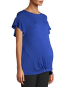 Time and Tru Blue Maternity Short Sleeve Ruffle Solid Top with Elastic Band