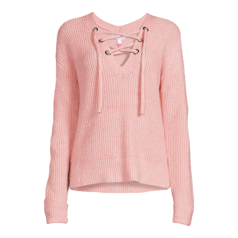 No Boundaries Juniors’ Dusty Rose Lace Up Sweater