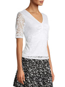 No Boundaries Arctic White Juniors' Cinched V-Neck Quarter Sleeve Lace Top